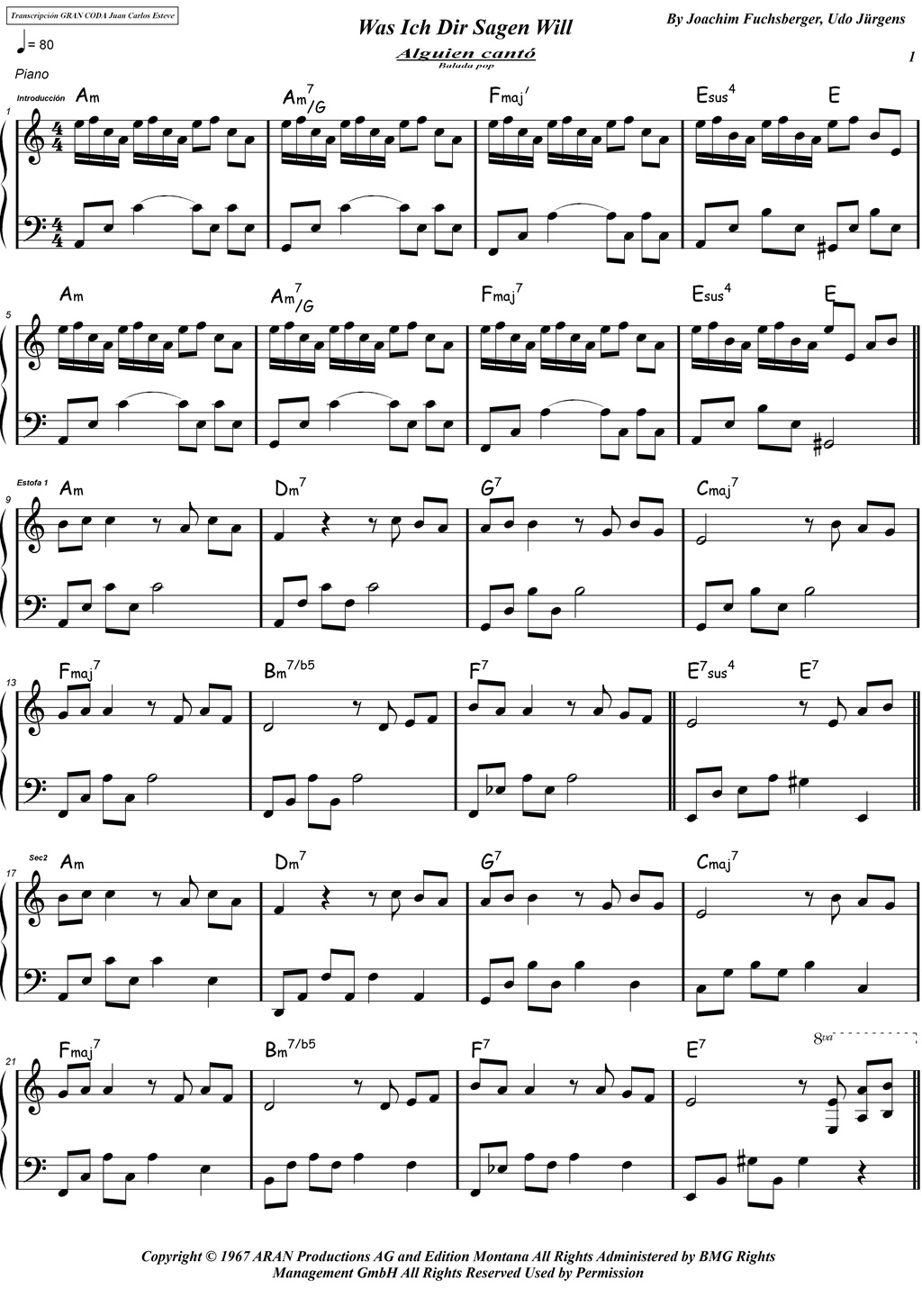 Was Ich Dir Sagen Will - Piano Solo